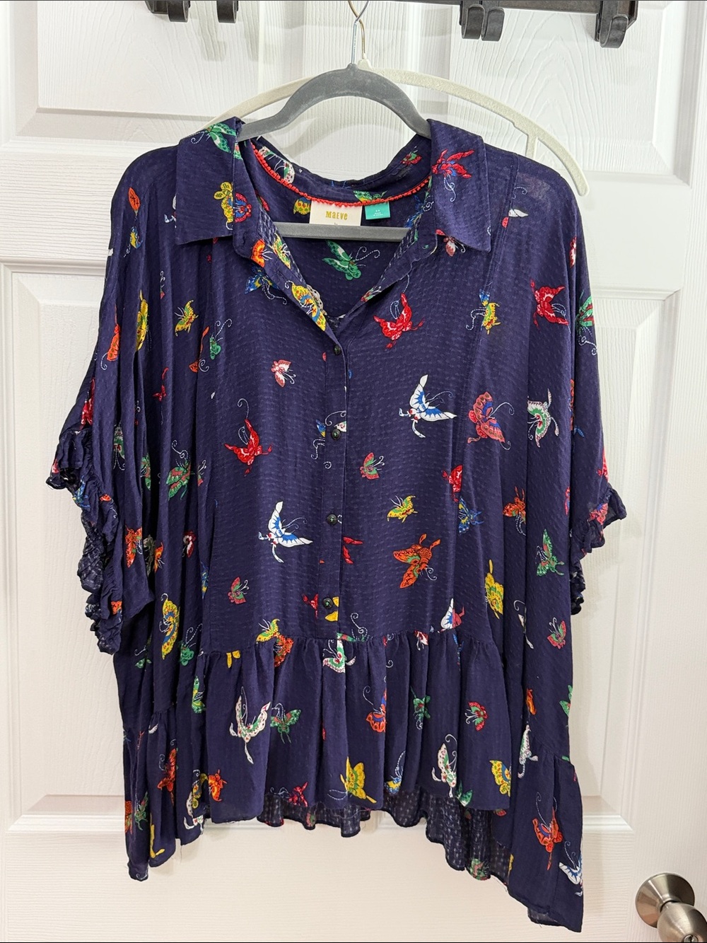 Maeve by Anthropologie Navy Button-Front Top with Multicolor Butterfly Print 2x